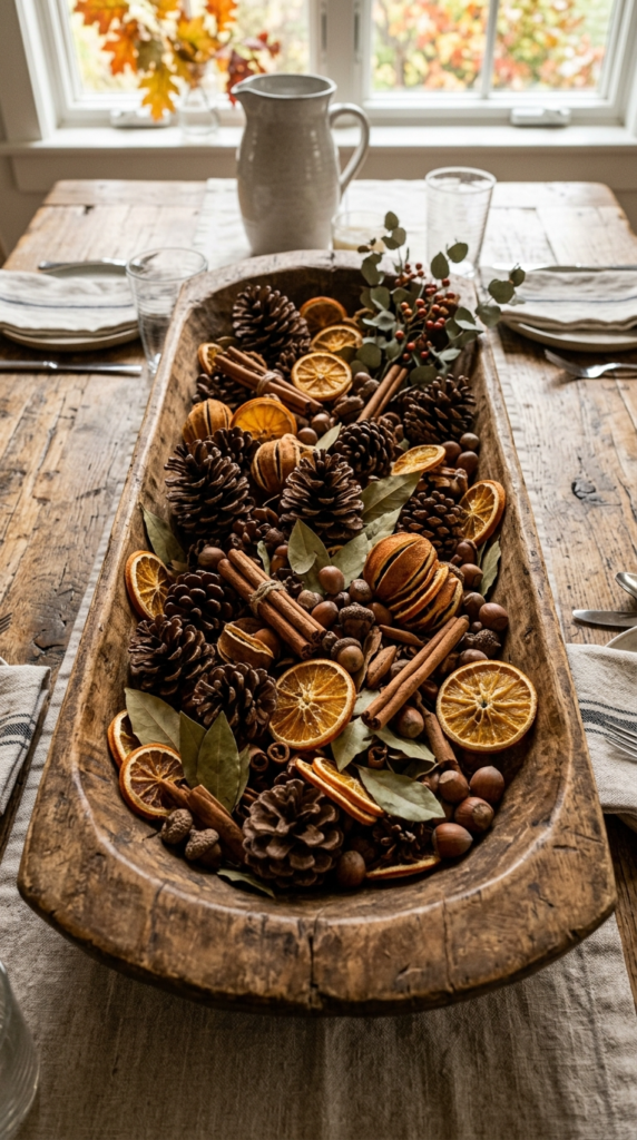Wooden Dough Bowl Centerpieces with Pinecones