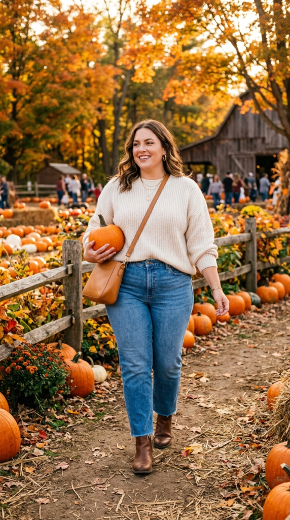 Cream sweater, straight-leg jeans and ankle boots