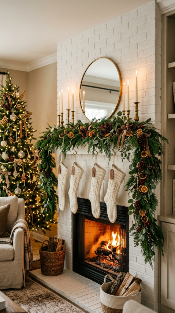 Fresh Pine Garlands on Fireplace Mantels