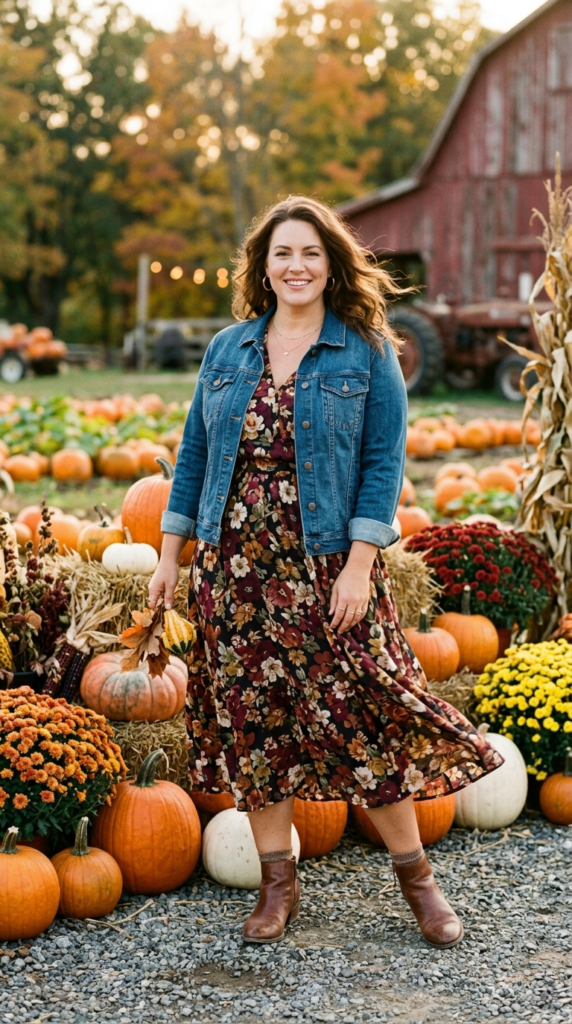 Dark floral midi dress and denim jacket