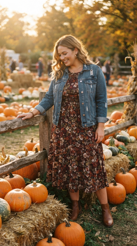 Dark floral midi dress and denim jacket