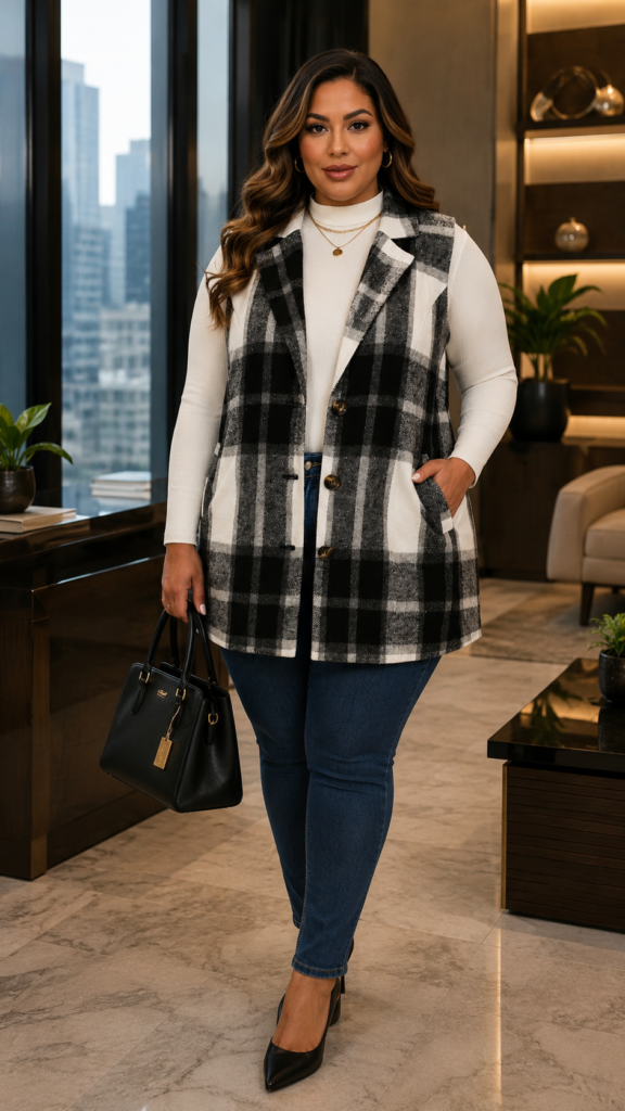 Agnes Orinda Plus Size Plaid Vest for Curvy Women Notched Lapel Checkered Sleeveless Long Vest Casual Jacket Outerwear