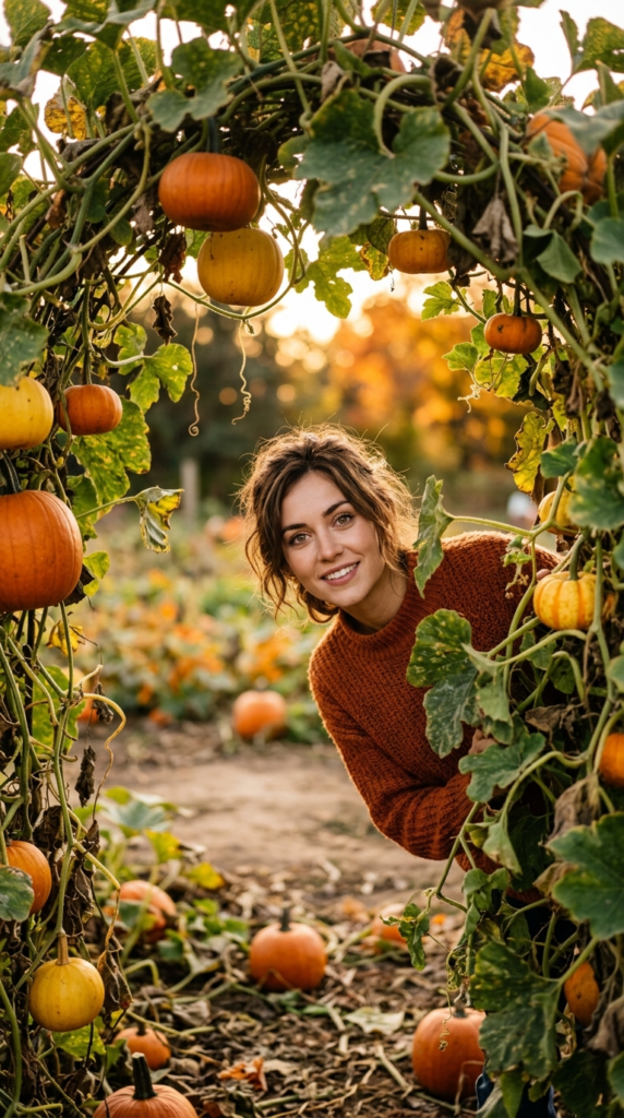 Peeking Through a Pumpkin Vine Arch