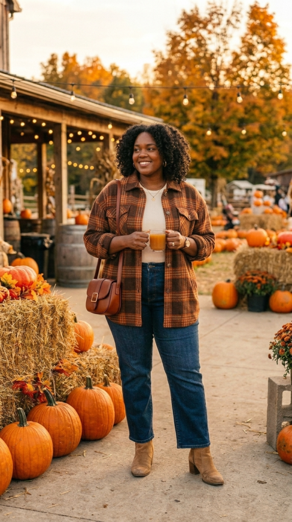Plaid shacket, fitted top and jeans