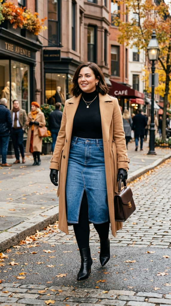 Structured Denim Midi Skirt Over Seamless Leggings