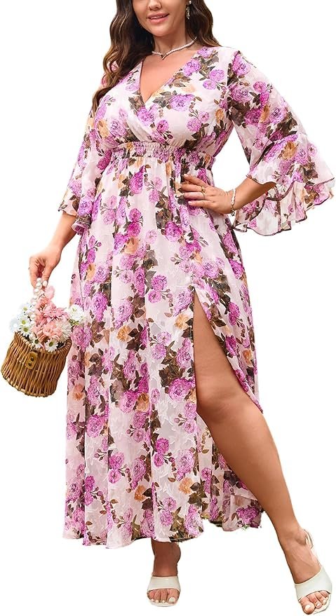 Ruffle Bell Sleeve V-Neck Maxi Dress