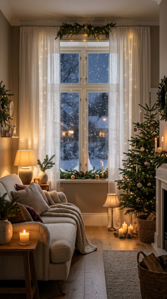 Twinkling Fairy Light Curtains Behind Sheers