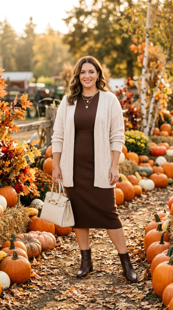 Chocolate-brown dress with a cream cardigan