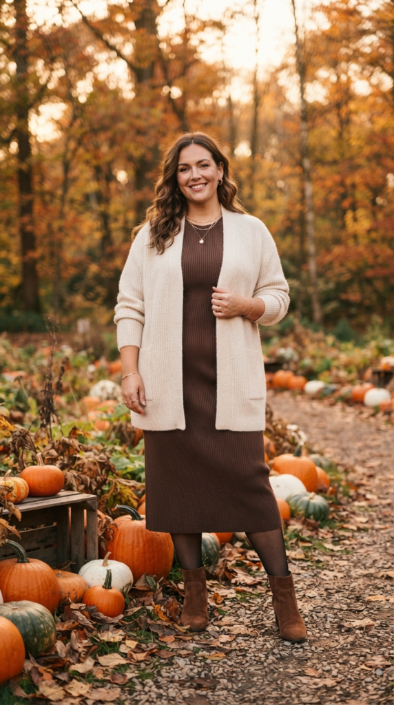 Chocolate-brown dress and cream cardigan