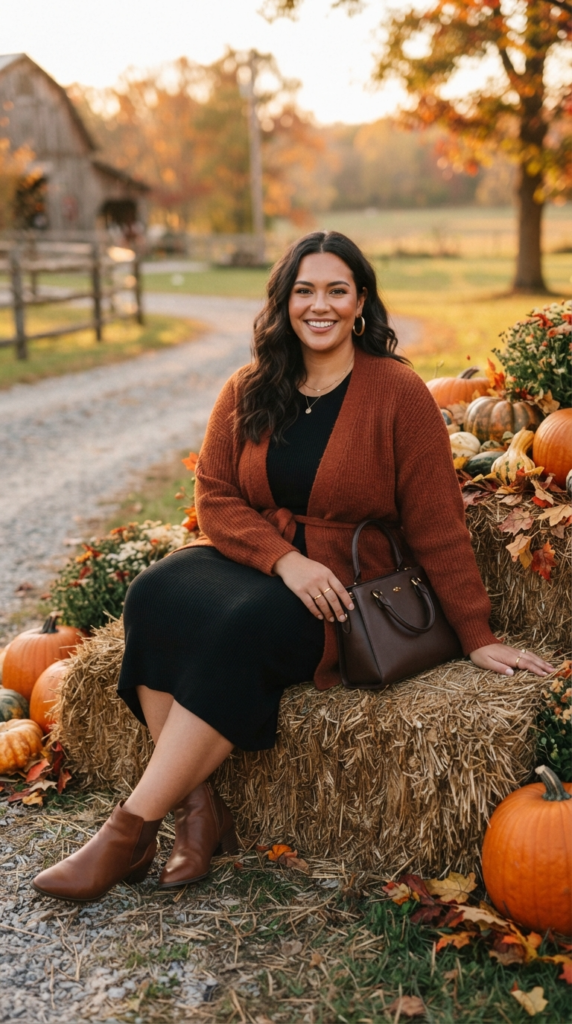 Black dress and rust cardigan