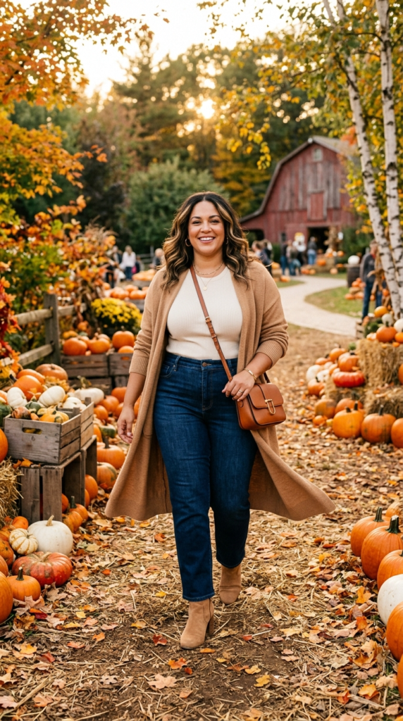 Long cardigan, basic top and jeans