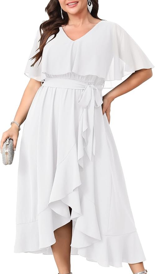 Chiffon Ruffle V-Neck High-Low Maxi Dress