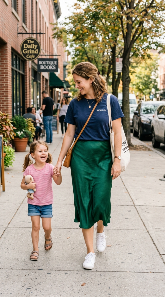 Satin Midi Skirt + Casual Tee