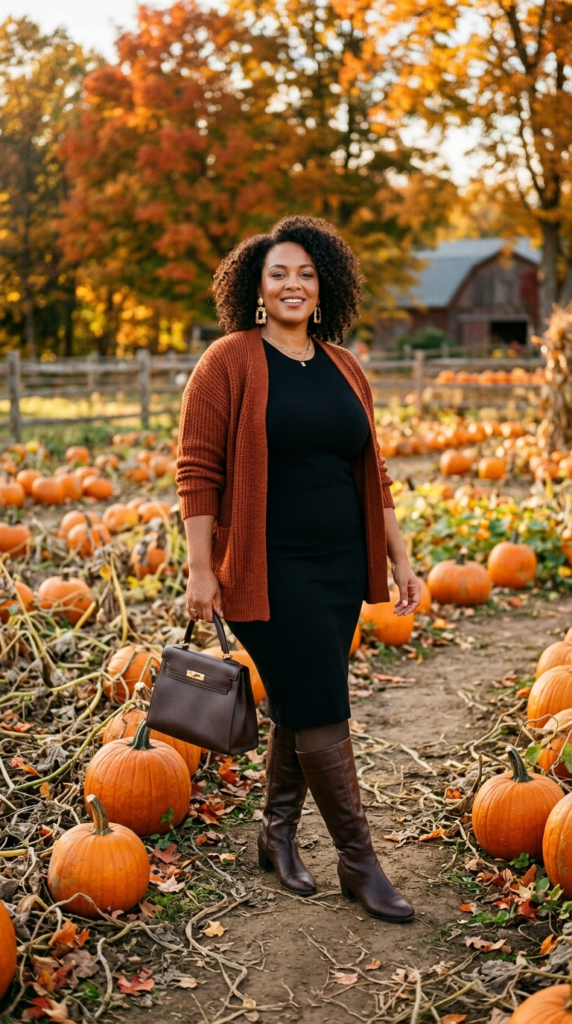 Black midi dress with a rust cardigan