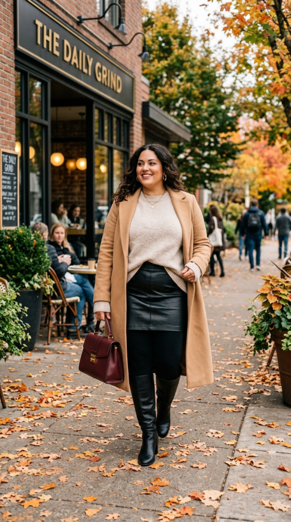 Faux Leather Mini Skirt Over Black Leggings