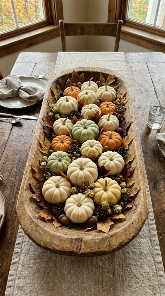Rustic Wooden Dough Bowls with Mini Pumpkins