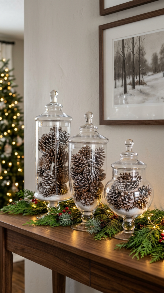 Glass Apothecary Jars Filled with Pinecones