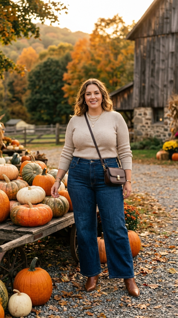 Wide-leg jeans and a fitted knit sweater