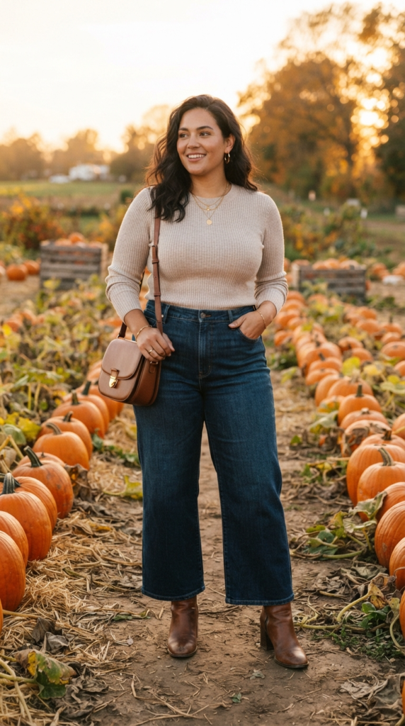 Wide-leg jeans and fitted sweater