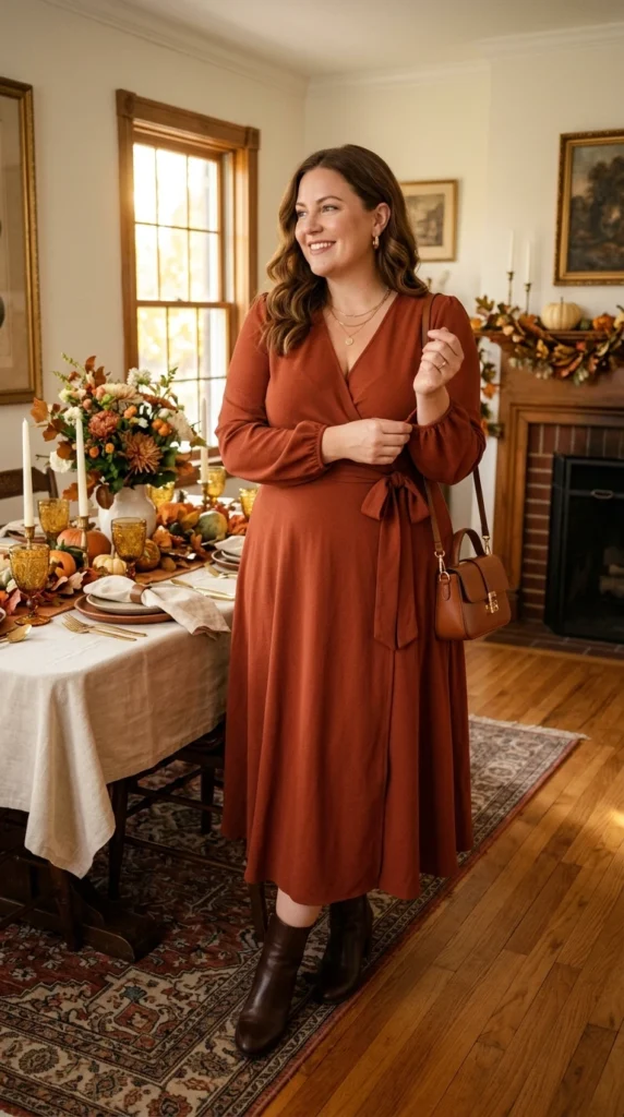 Rust Wrap Dress and Ankle Boots