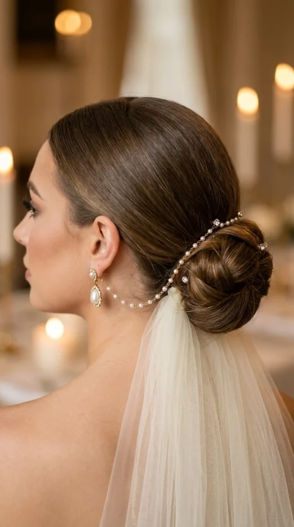 Classic Earring-to-Hair Chain on a Low Bun