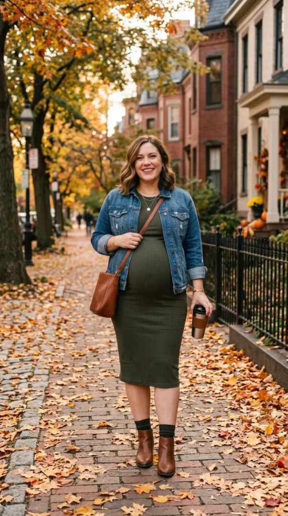 Ribbed Maternity Dress with a Denim Jacket