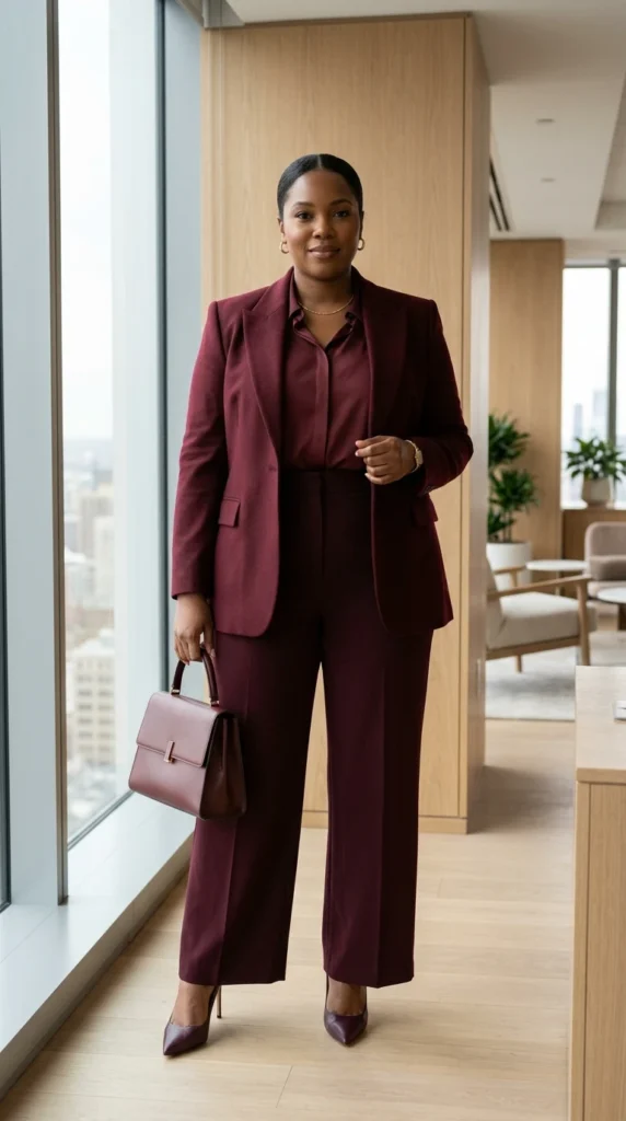 Burgundy Blazer, Burgundy Trousers, and Burgundy Heels