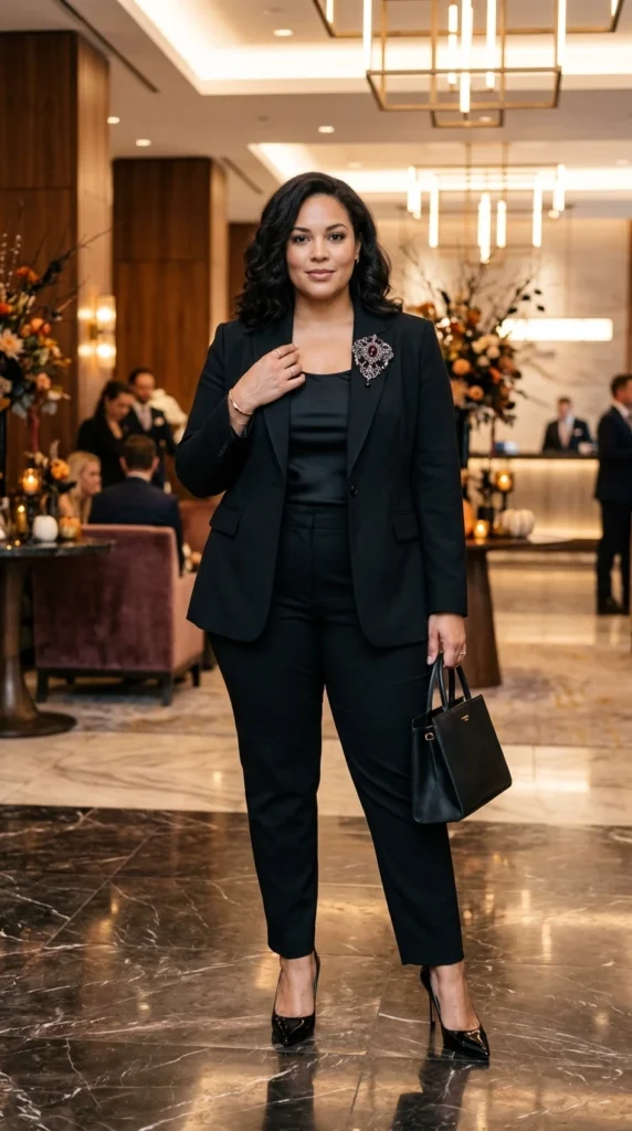 Black Blazer with a Statement Brooch