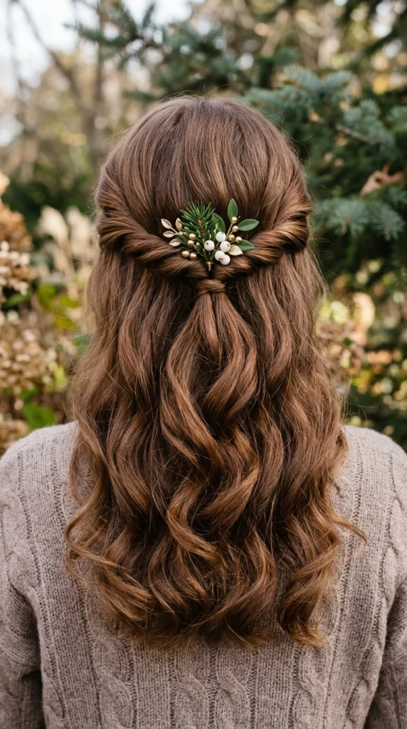 Twisted Half-Up with Greenery Pin