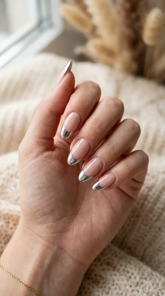 Chrome Tips on Nude Nails