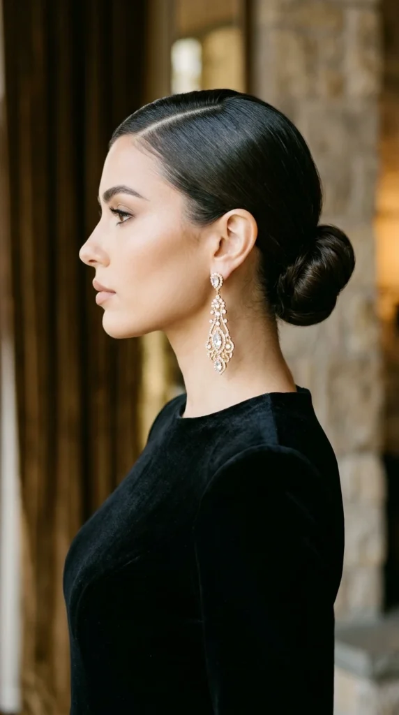Sleek Low Bun with Statement Earrings