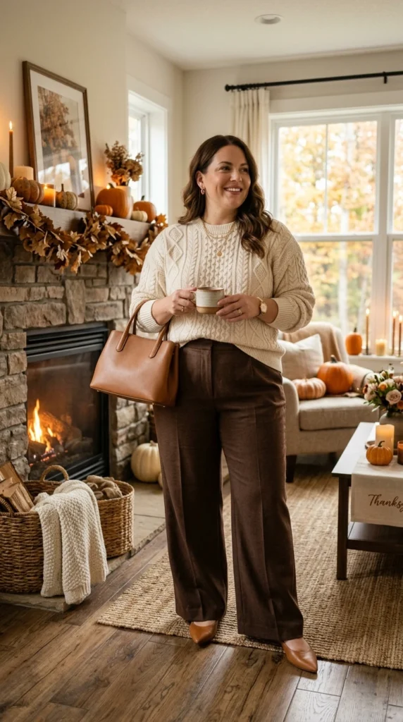 Cream Sweater and Wide-Leg Trousers