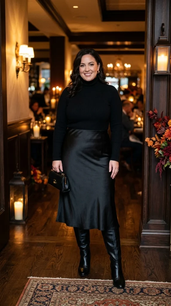 Black Turtleneck, Black Midi Skirt, and Black Ankle Boots