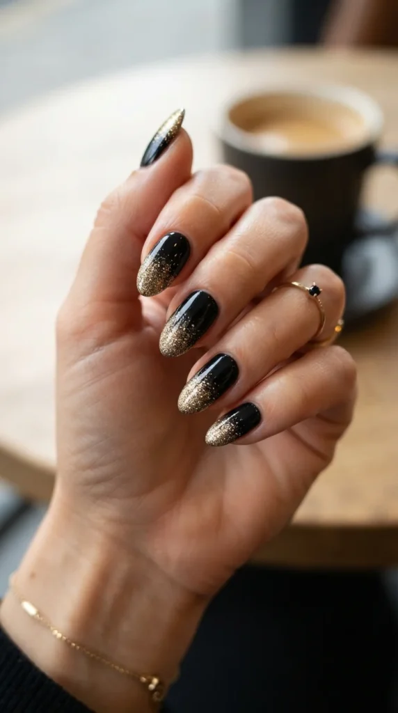 2. Black and Gold Glitter Ombre
