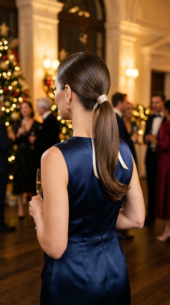Classic Smooth Ponytail with Metallic Ribbon