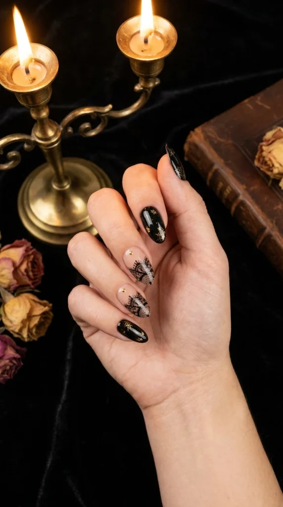 Elegant Black Lace Halloween Nails