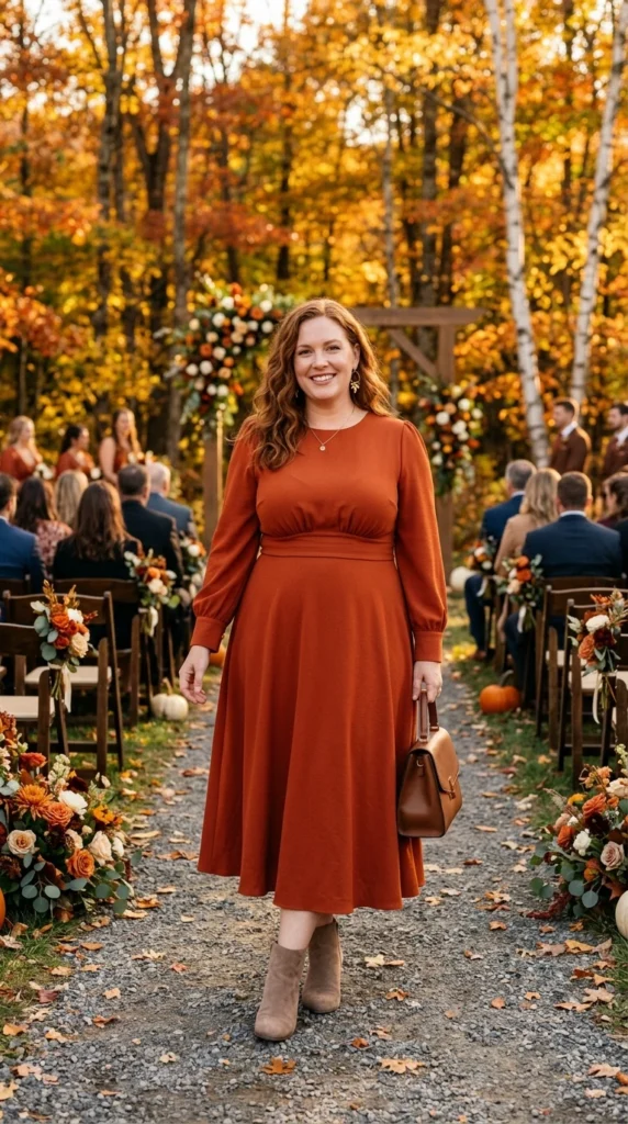 Rust Midi Dress with Sleeves