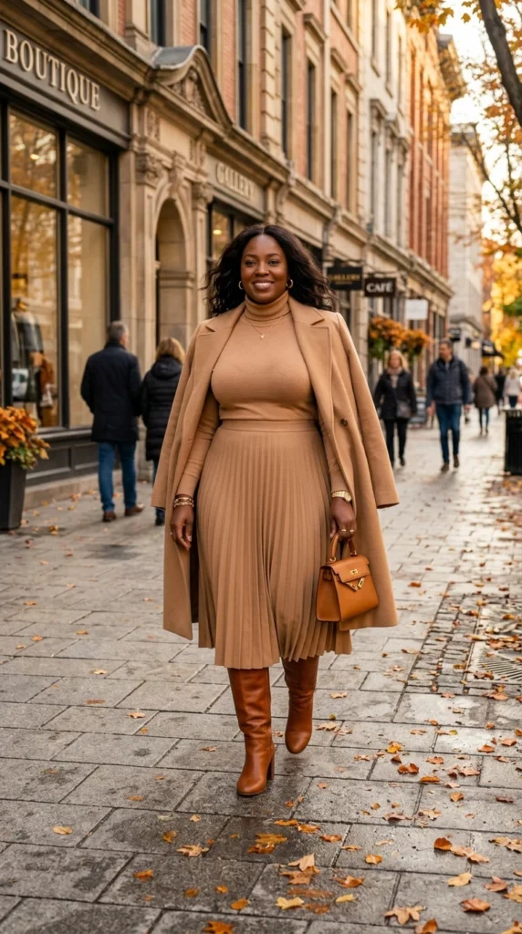 Camel Turtleneck, Camel Midi Skirt, and Tall Camel Boots