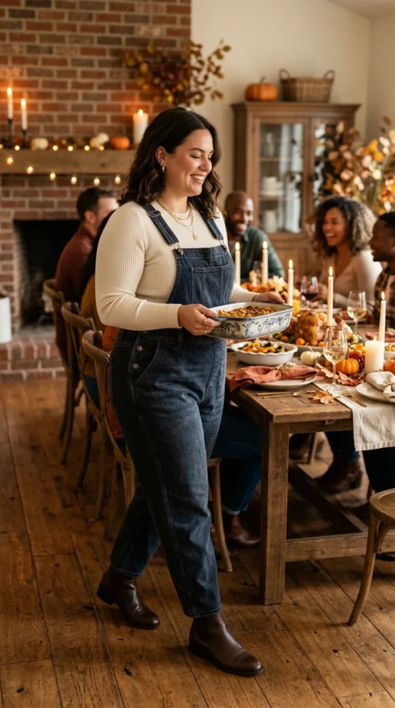 Denim Overalls Over a Long-Sleeve Top