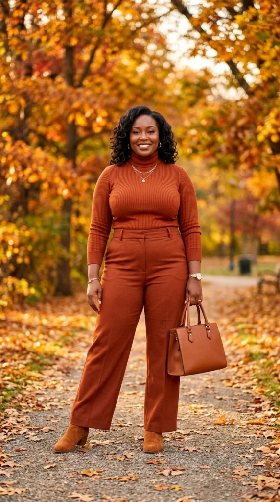 Rust Sweater, Rust Wide-Leg Pants, and Rust Suede Boots