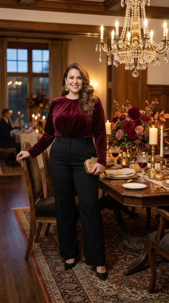Burgundy Velvet Top and Black Trousers