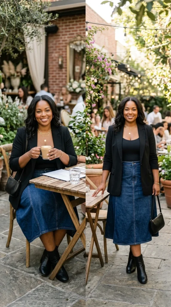 Over a Bodysuit and Denim Skirt