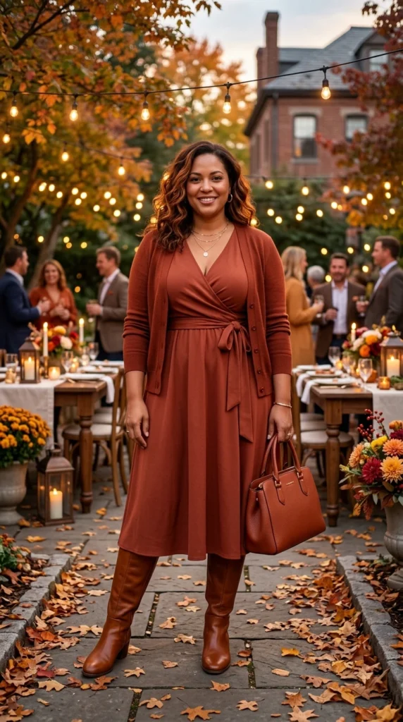 Rust Wrap Dress with a Rust Cardigan