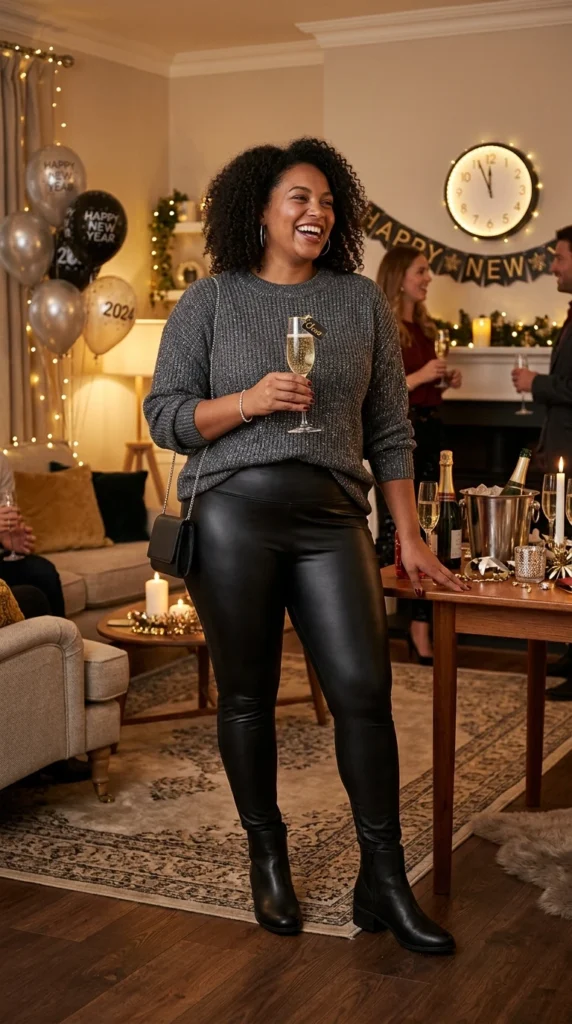 Sparkly Knit Sweater with Leather-Look Leggings