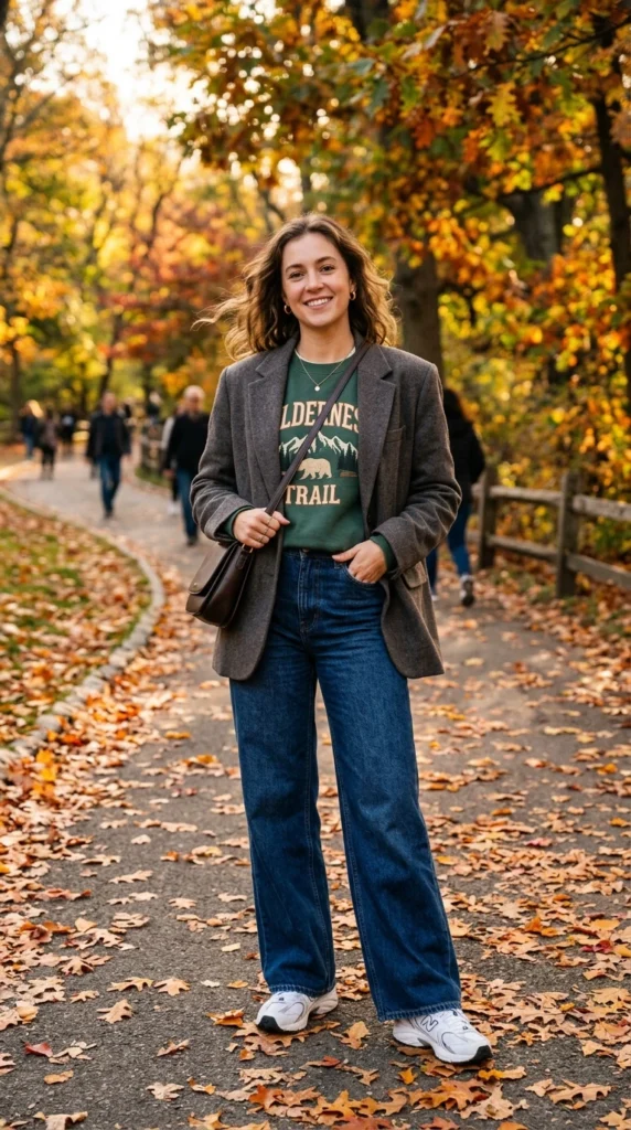 Blazer, Graphic Sweatshirt, and Wide-Leg Jeans