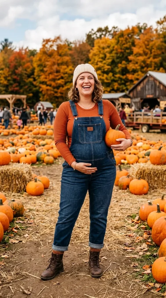 Maternity Overalls Over a Long-Sleeve Tee