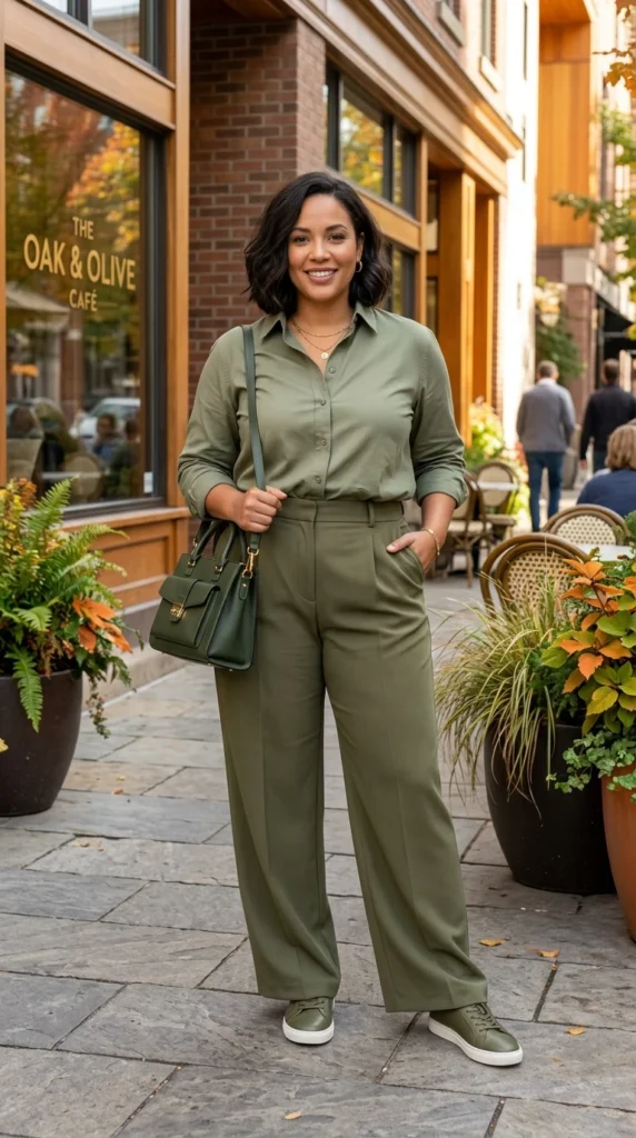 Olive Button-Up, Olive Trousers, and Olive Sneakers