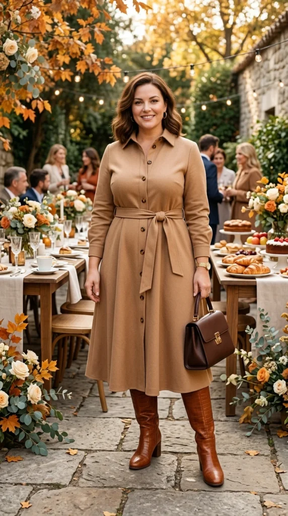 Camel Trench Dress with Boots