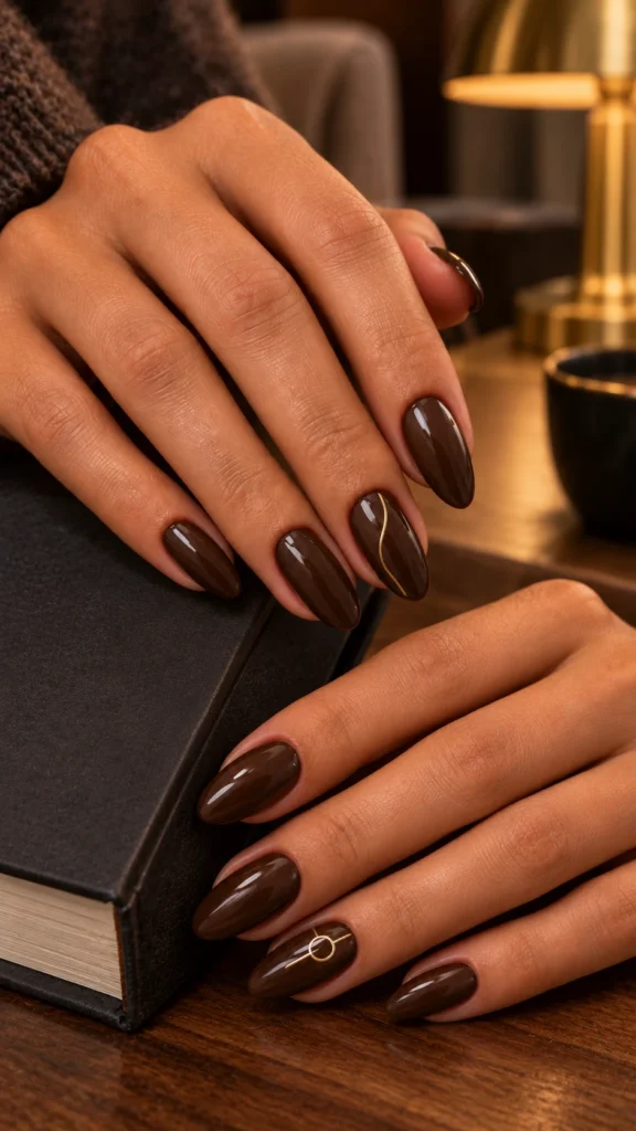 Espresso Nails with Delicate Line Art