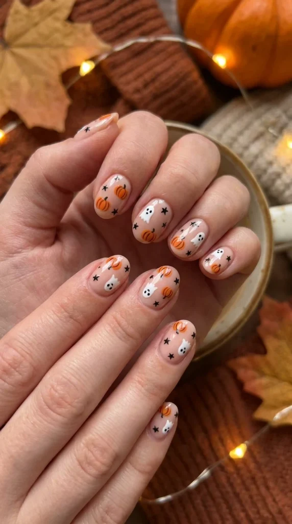  Pumpkin and Ghost Combo Nails